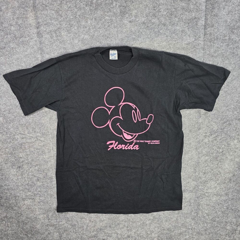 Vintage Disney‎ Mickey Mouse Shirt Mens Large Black Florida Velva Sheen 80s USA